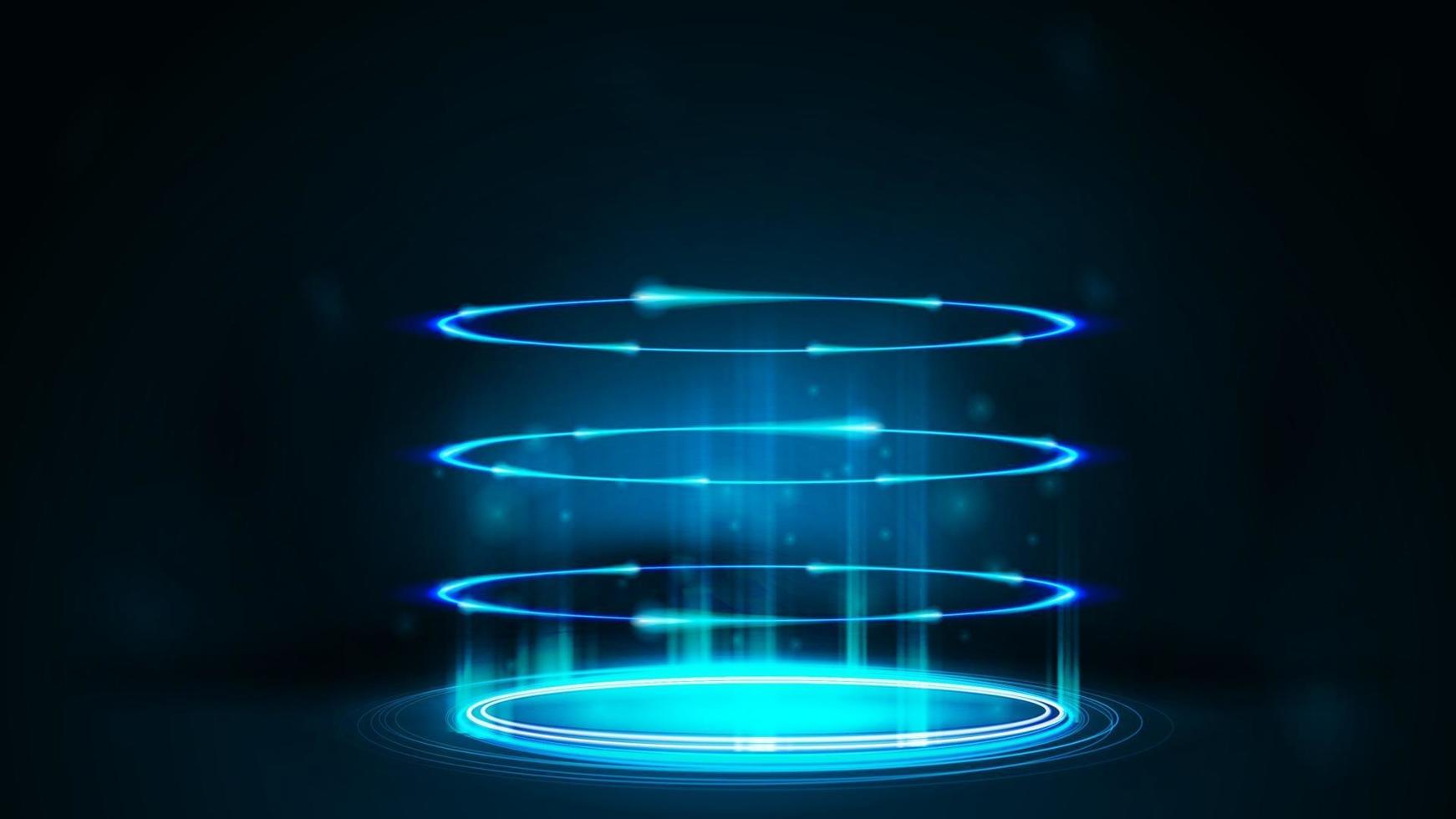 Blue neon digital portal with particles and shiny rings in dark room vector