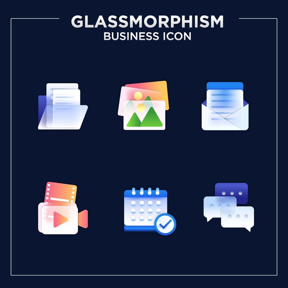 conjunto de iconos de oficina de negocios de glassmorphism vector