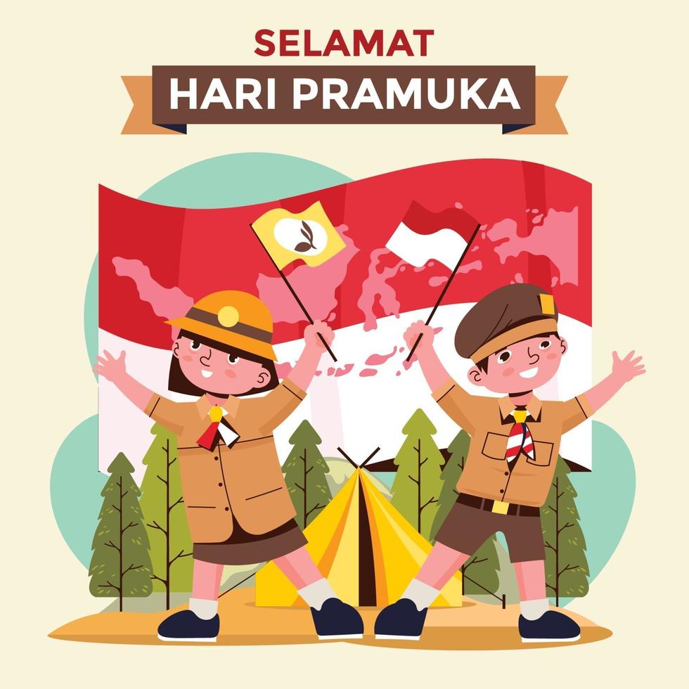 Indonesian Pramuka Day with Pramuka Boy and Girl at Camp vector