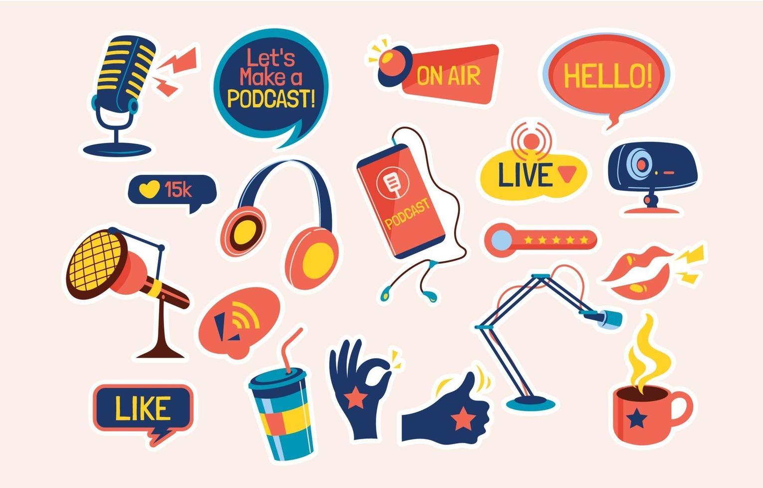 transmisión de podcasts y streaming conjunto de pegatinas de doodle dibujadas a mano vector