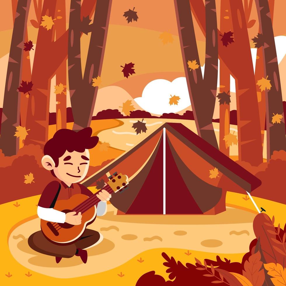 tocar la guitarra en el campamento de otoño vector