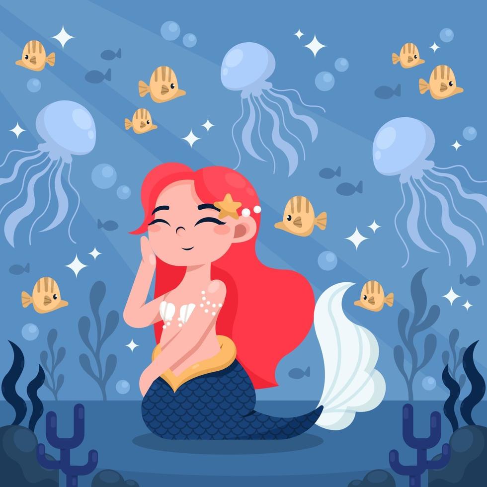 hermosa sirena sentada en el océano vector