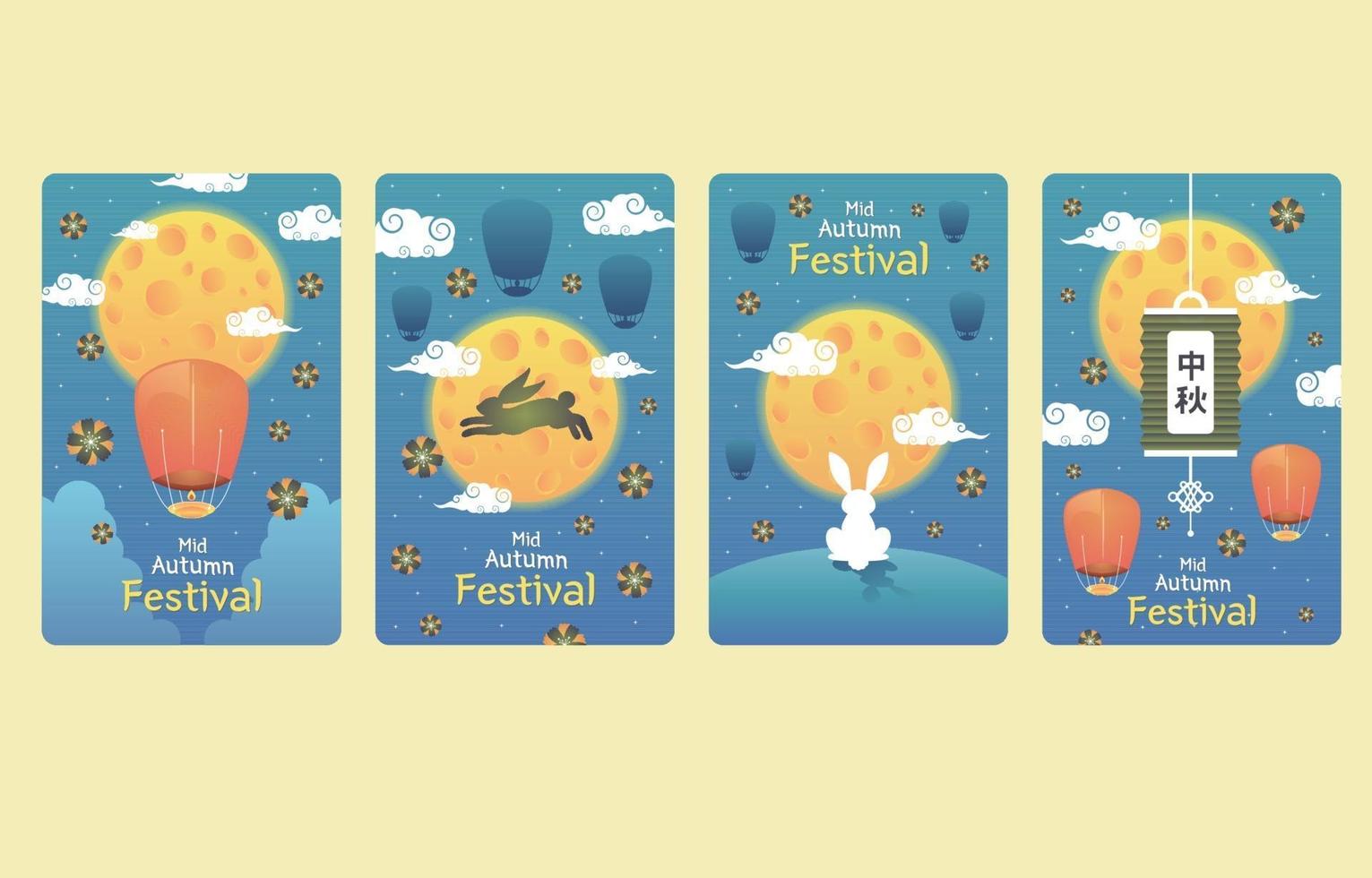 Cartoon Mid Autumn Card Collection with Rabbit and the Moon vector
