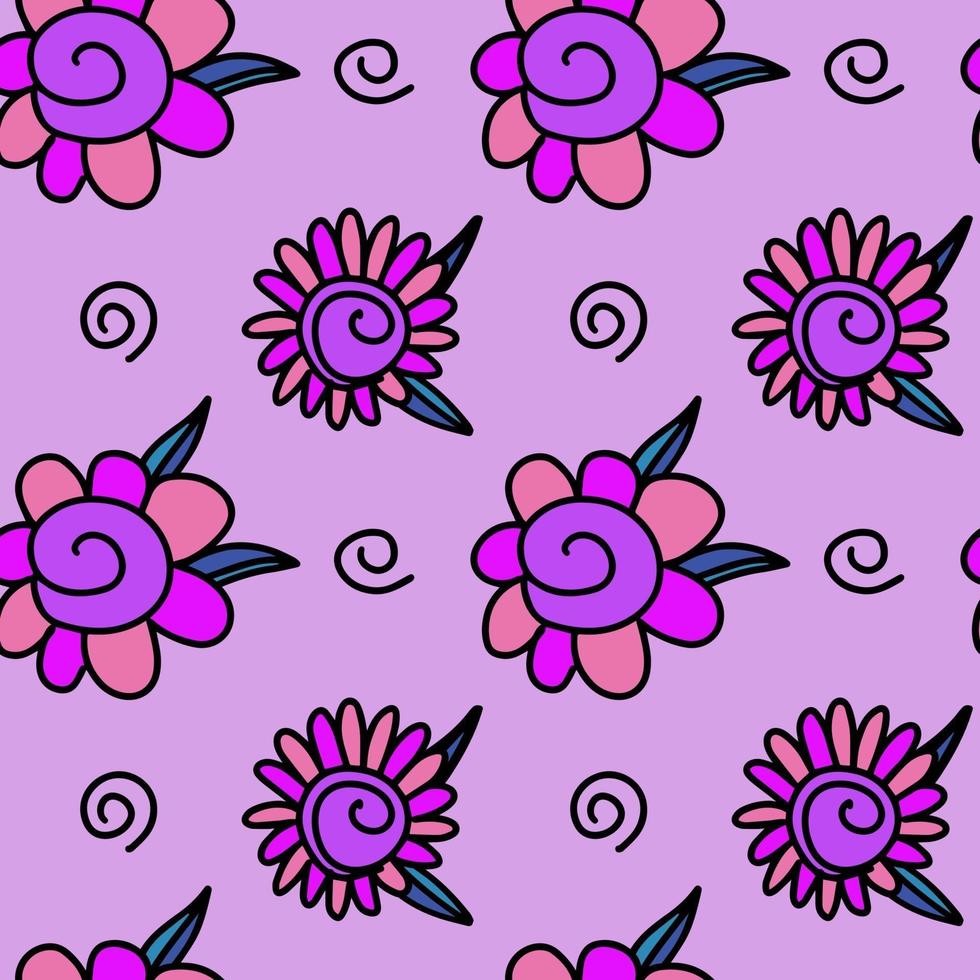 Vector seamless pattern with fantasy purple flower doodles