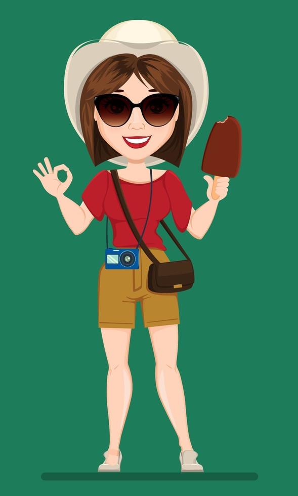 mujer turista, viajera en gafas de sol con helado. vector