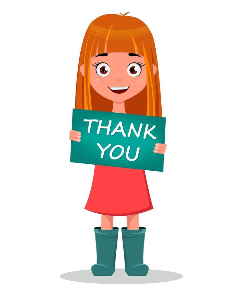 Cute funny smiling cartoon girl holding sign Thank You vector