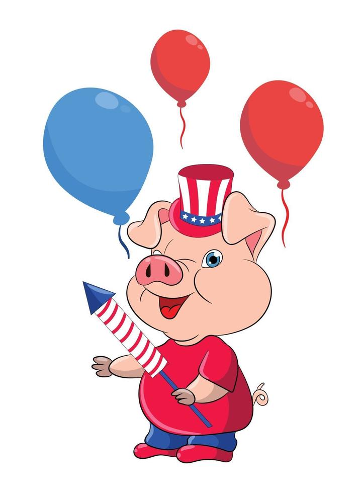 Pig Cartoon Character Celebrate The 4th Of July vector