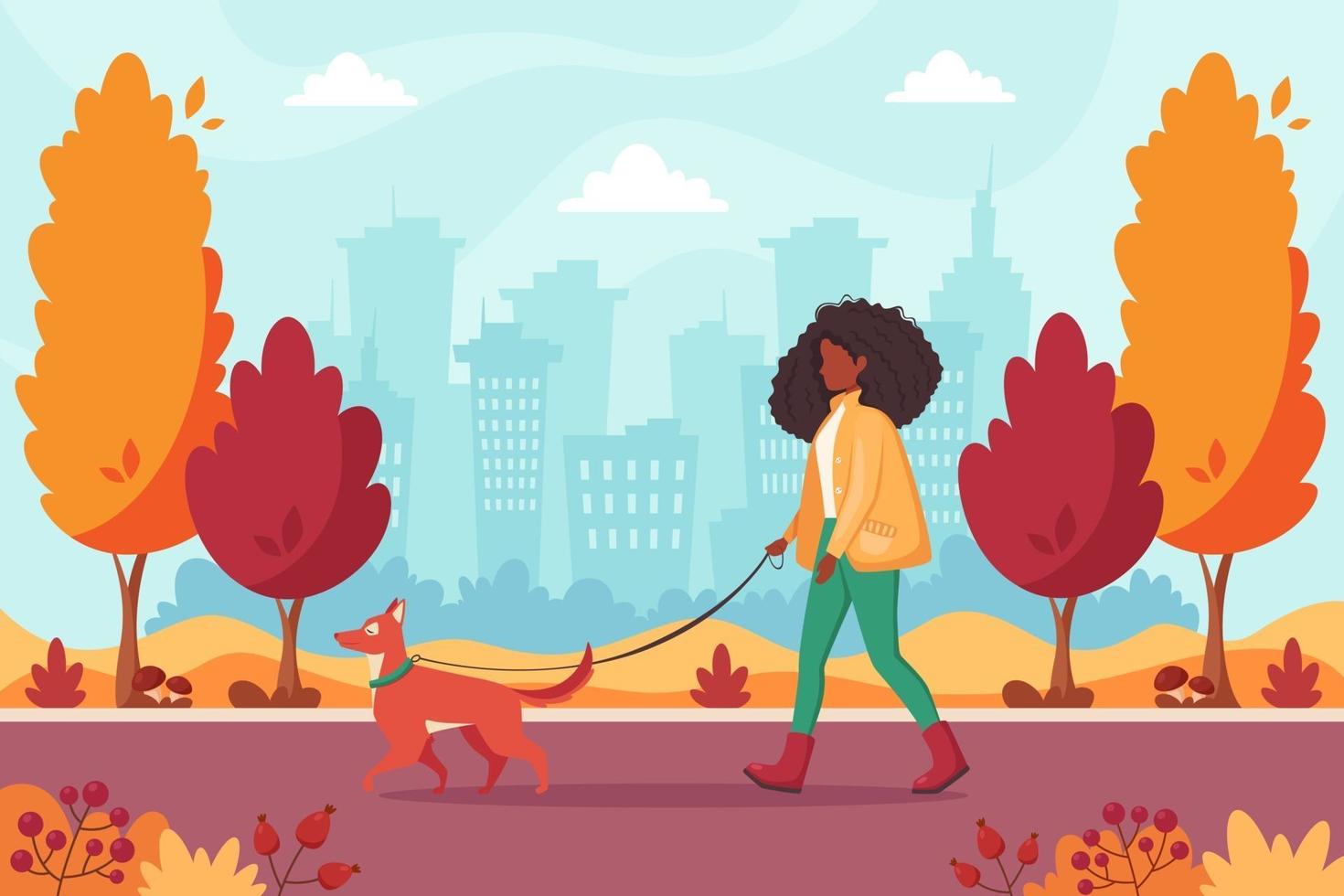 mujer negra caminando con perro en el parque otoño. actividad al aire libre vector