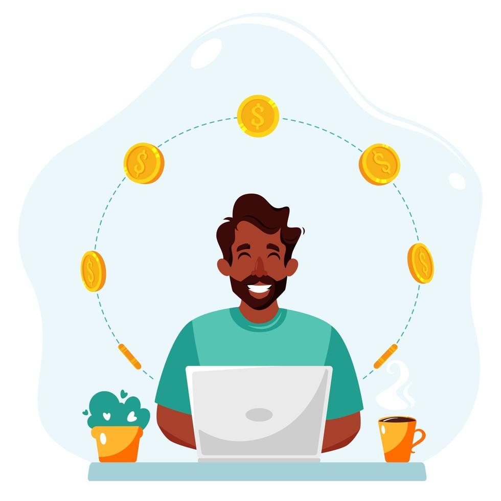 Earn money online. Black man with a laptop and coins. vector