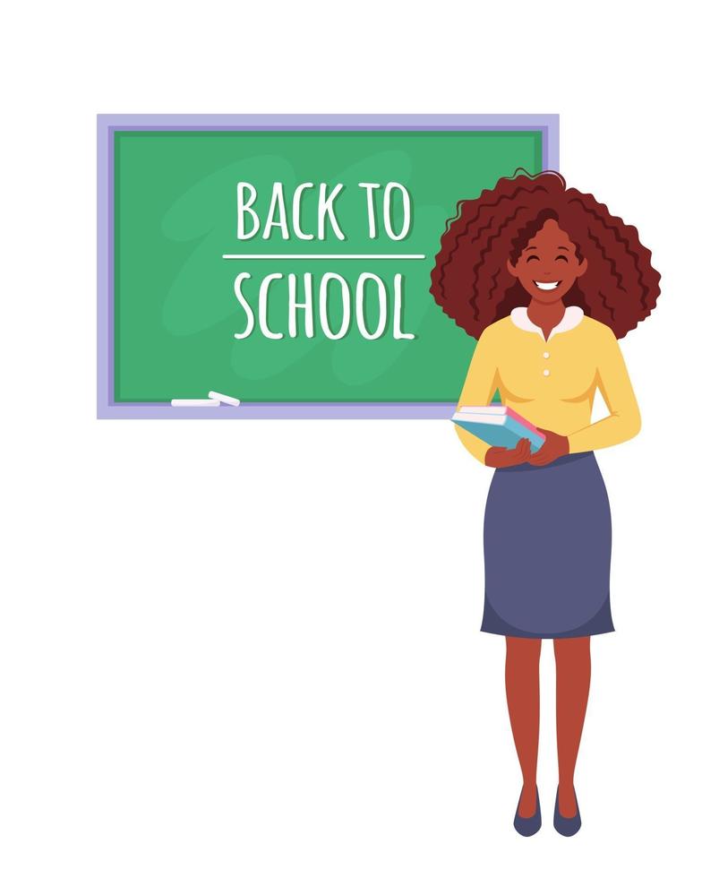 Back to school concept. Black female teacher in classroom. vector