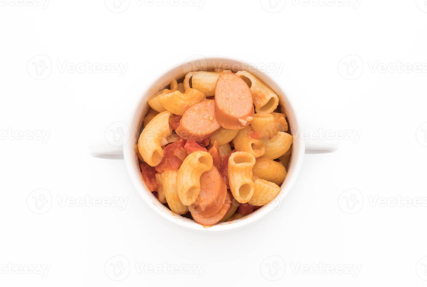 Macaroni with sausage on white background photo