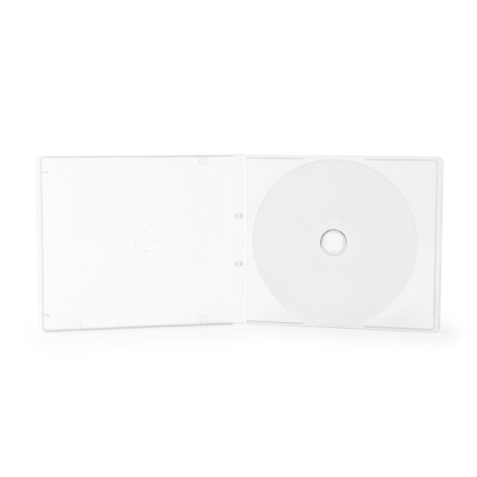 CD blanco realista con plantilla de tapa de caja aislado en blanco foto