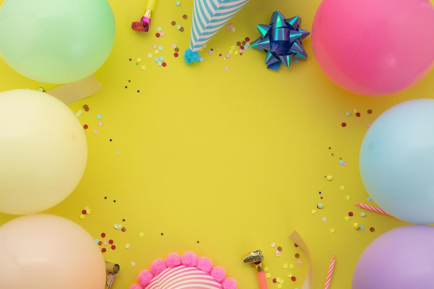 Happy birthday background, Flat lay colorful party decoration photo