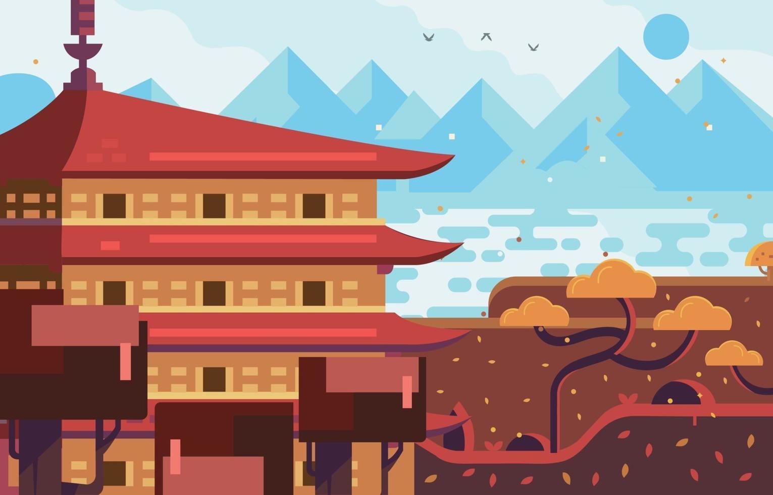 Asian Temple with Mountain and Sea View Background vector