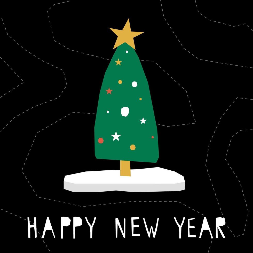 Happy new year card bacground. Cute childish paper cut spruce vector