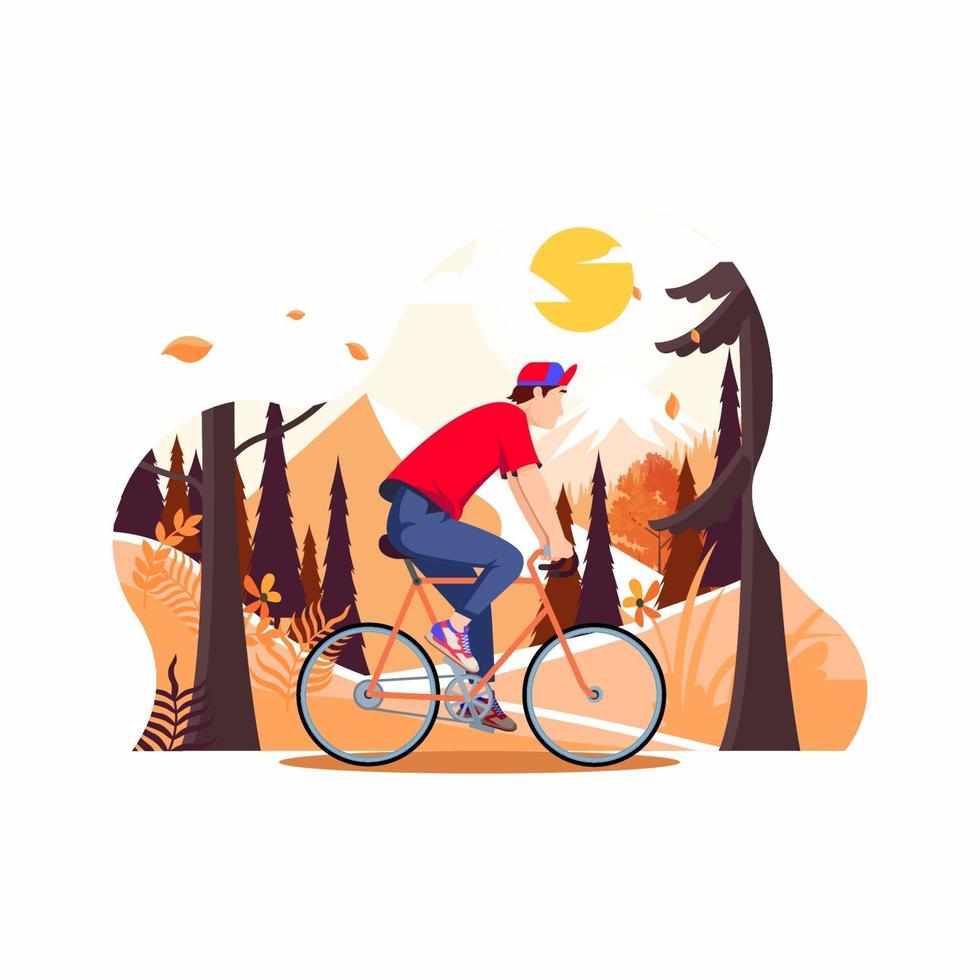 Man cycling in the autumn scene vector