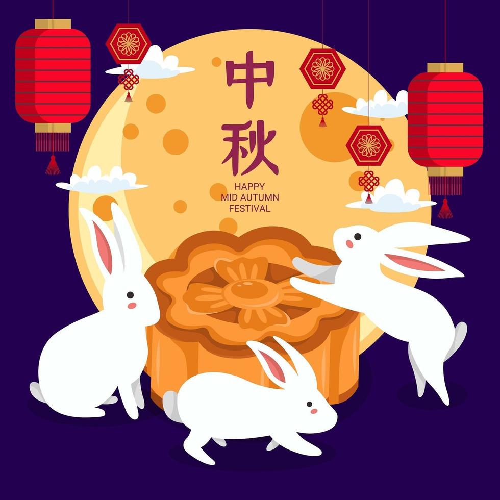 Mid Autumn Festival with Cute Rabbit and Mooncake vector