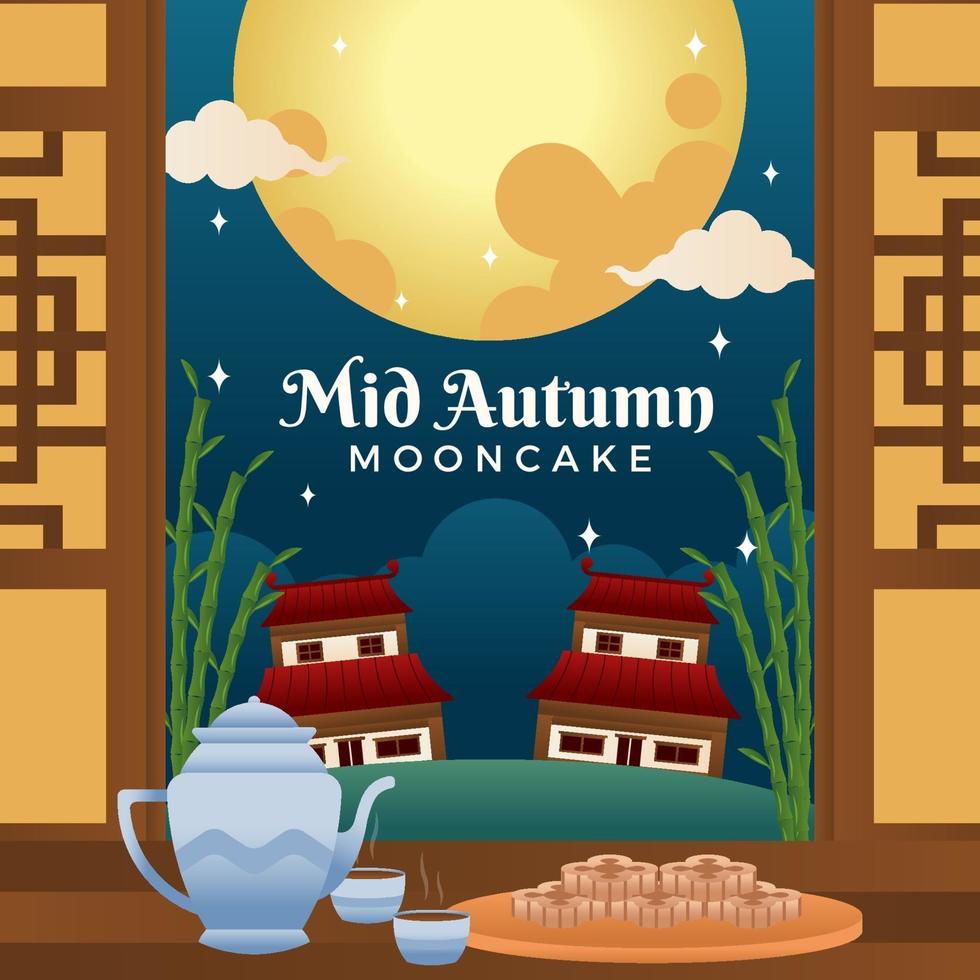 Tantalizing Moon Cake and Tea Placed Near Entrance vector