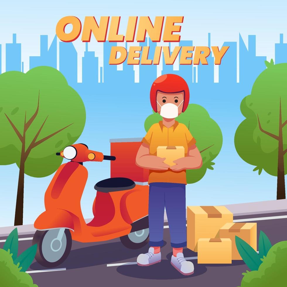 Online Delivery with Scooter and Health Protocol vector