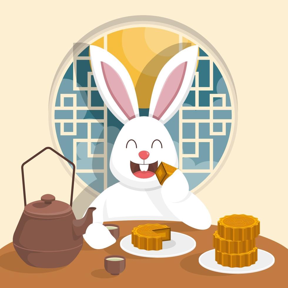 Rabbit Eating Mooncake with Tea vector