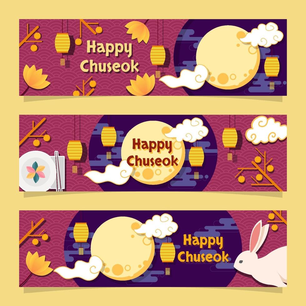 conjunto de banners del festival de medio otoño de chuseok coreano vector