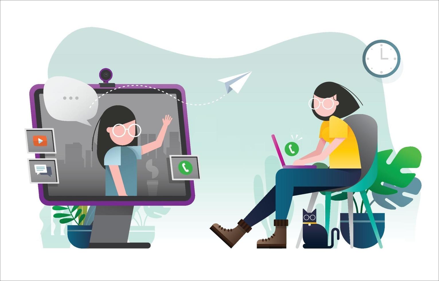 Two Girls in Virtual Meeting vector