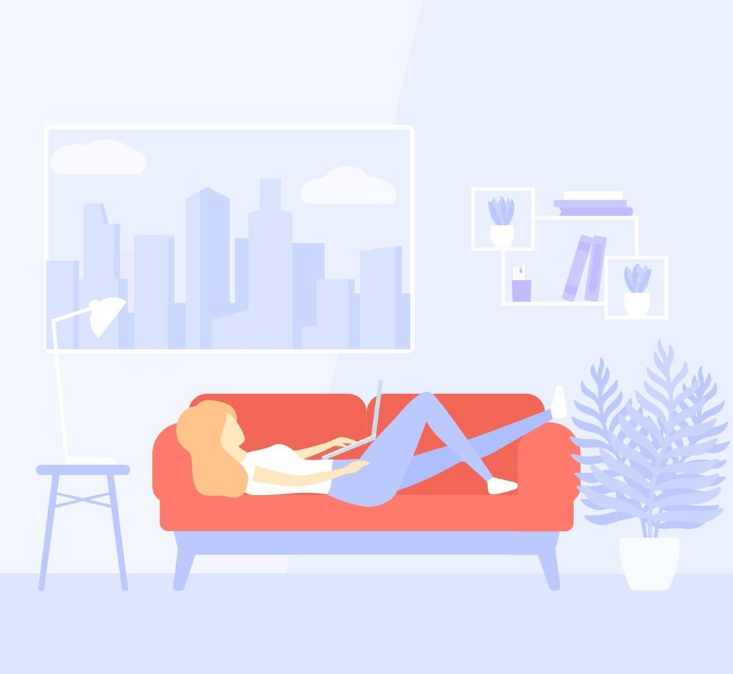girl working at home, lying on the sofa with a laptop vector