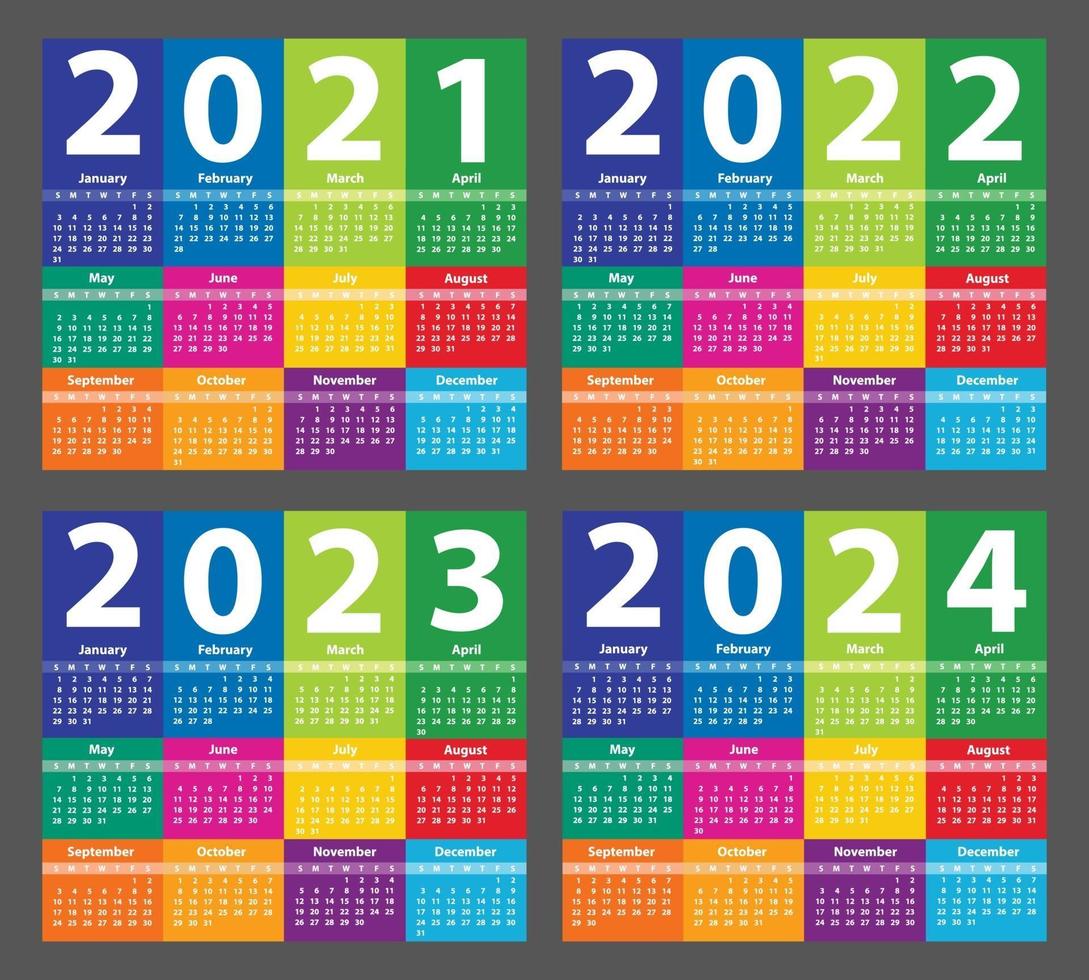 Calendar Set 2021 2022 2023 2024 Starting From Sunday Vector