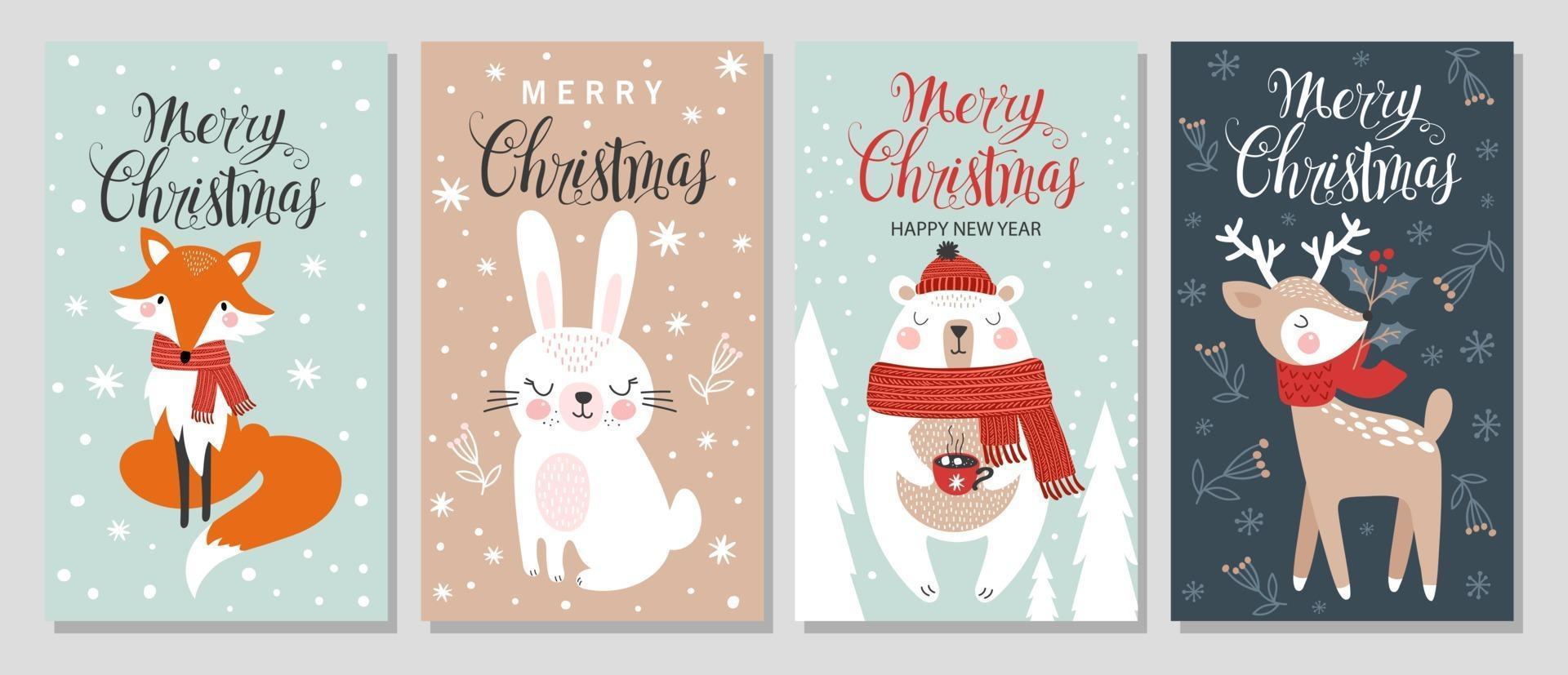 Feliz Navidad y feliz año nuevo conjunto de tarjetas de felicitación. vector