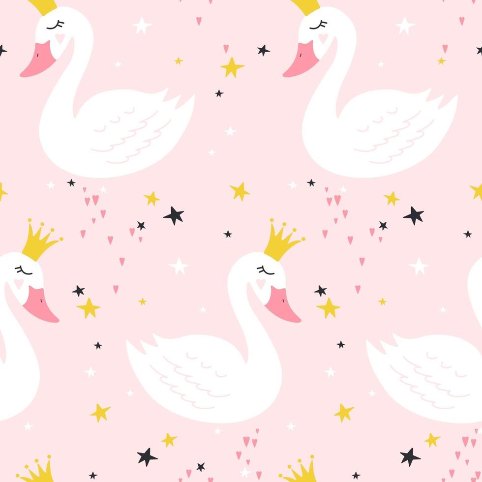 Seamless pattern with cute princess swan. Vector illustration