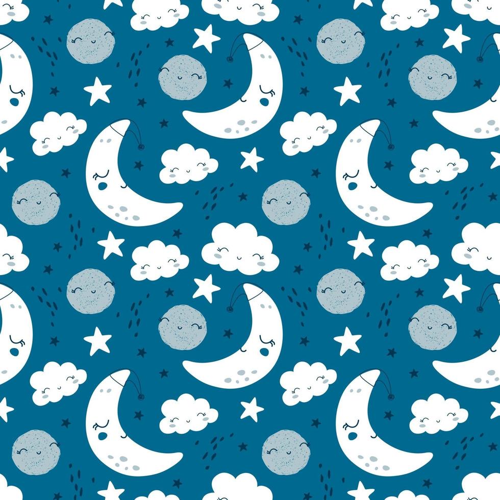 Seamless pattern with cute moon, stars and clouds. Vector