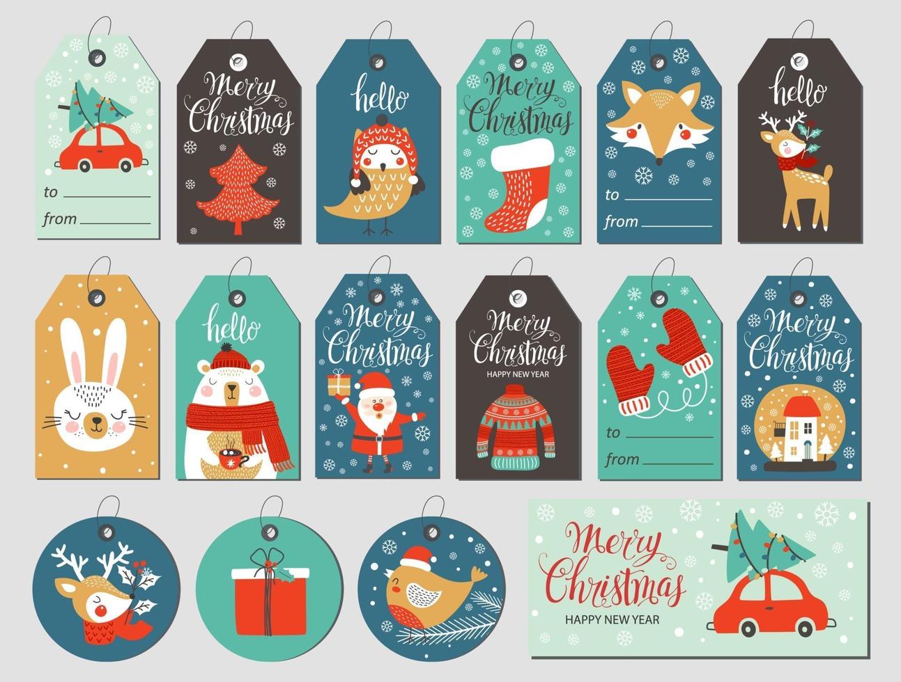 Set of merry christmas tags with hand drawing elements. Vector