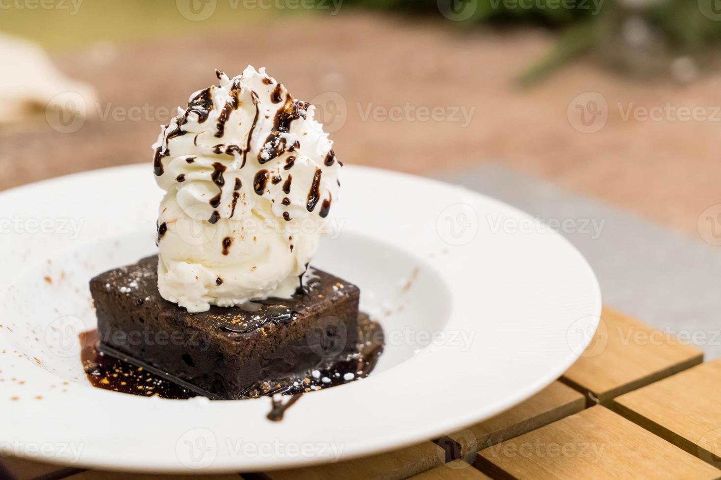 Brownie Sundae with a Scoop of Vanilla Ice Cream photo