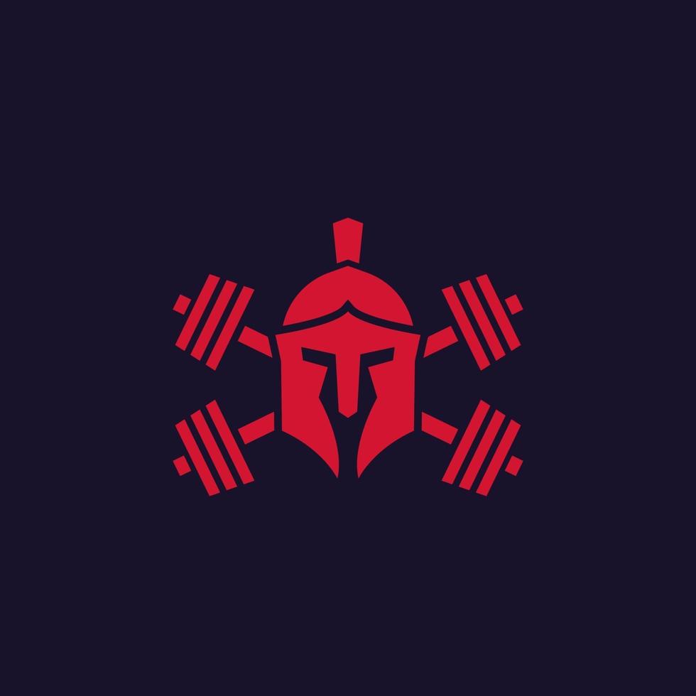 logotipo de gimnasio con casco espartano y pesas vector