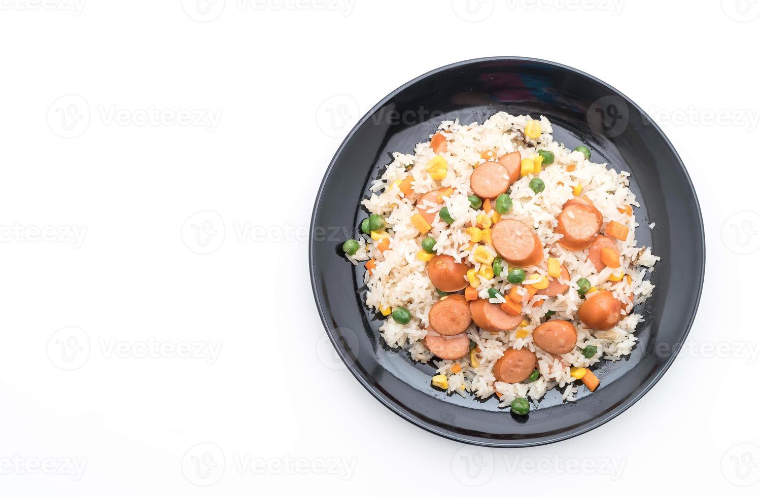 Fried rice with sausage on white background photo