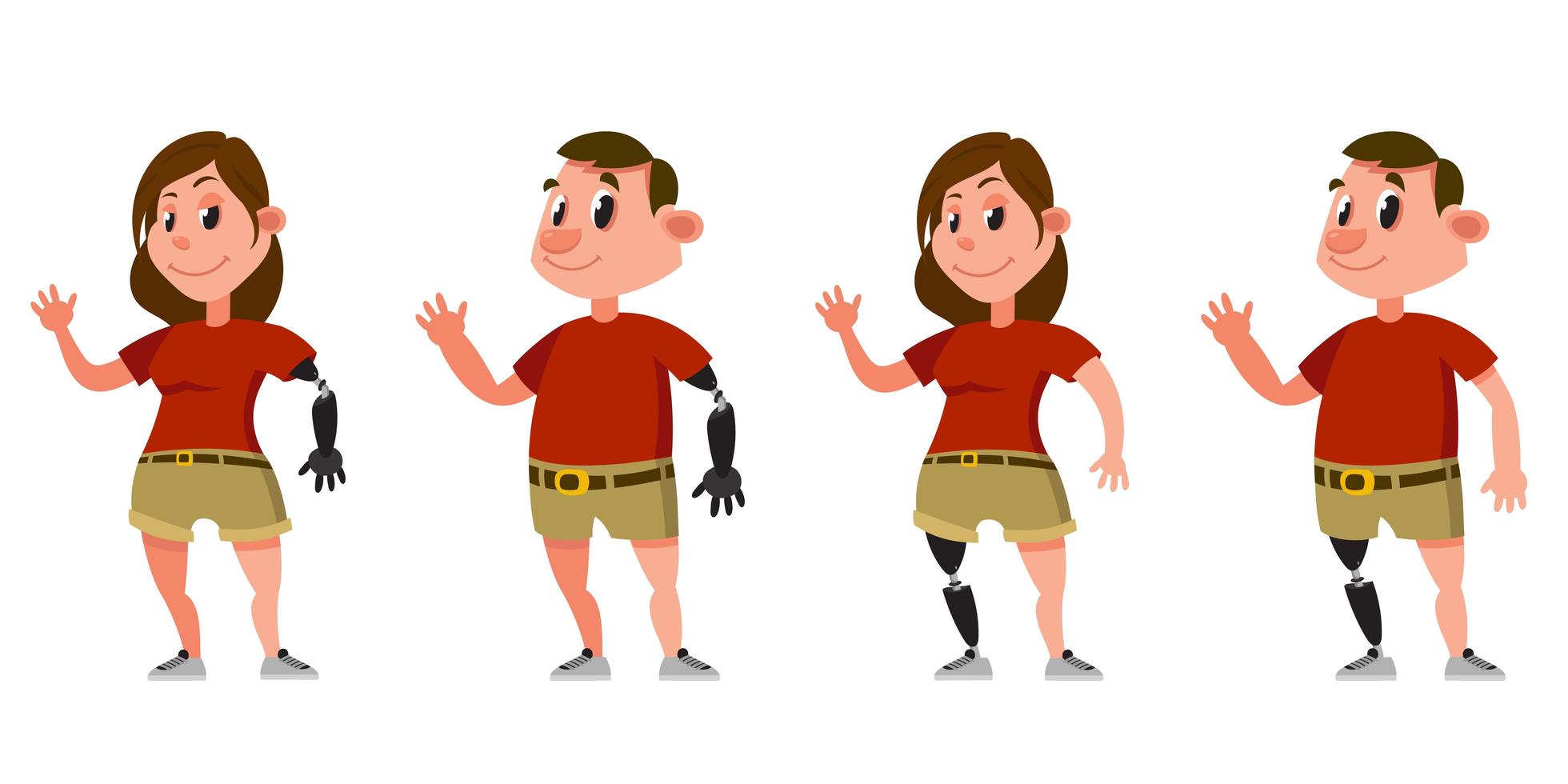 mujer y hombre con prótesis de brazos y piernas. vector