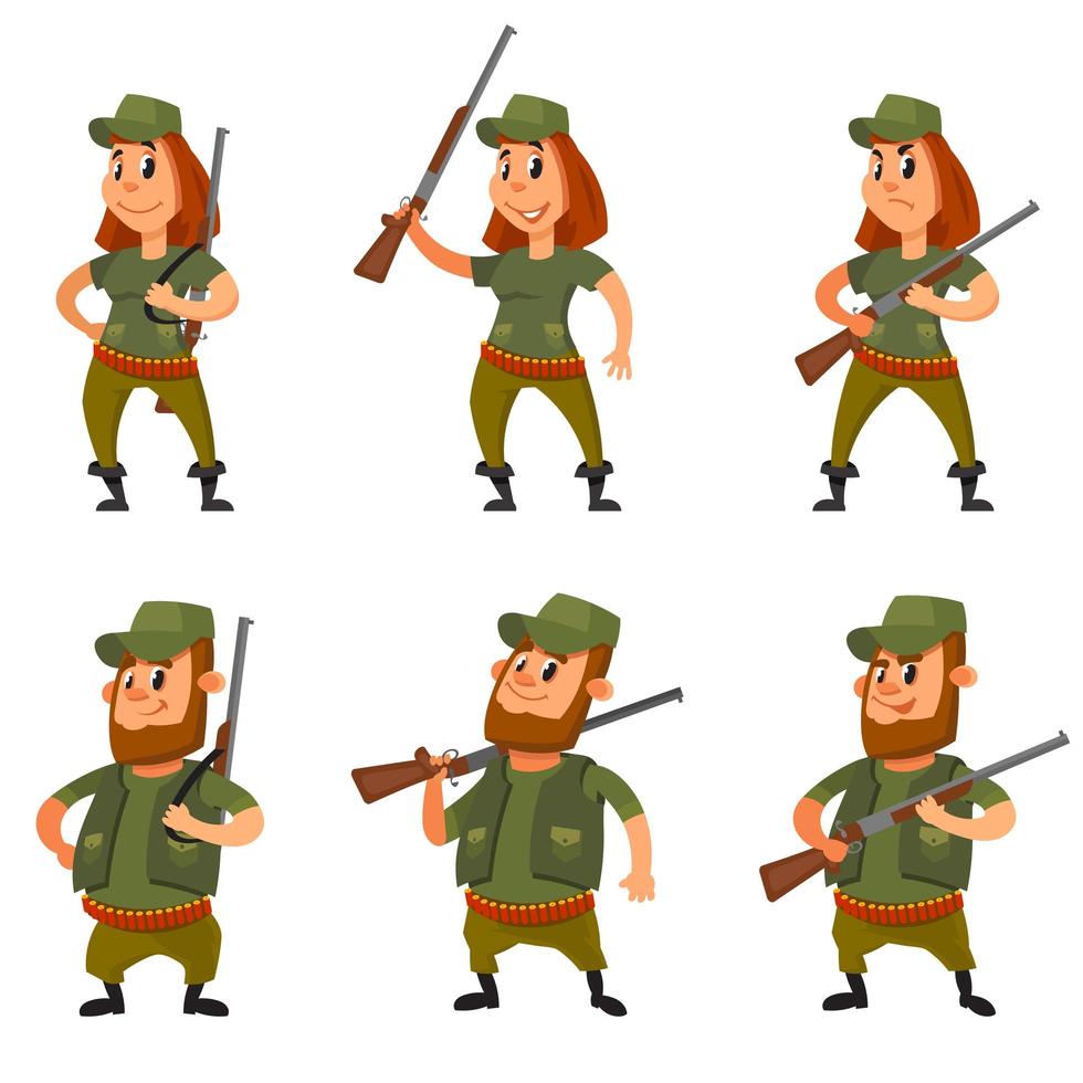 Male and female hunters in different poses. vector