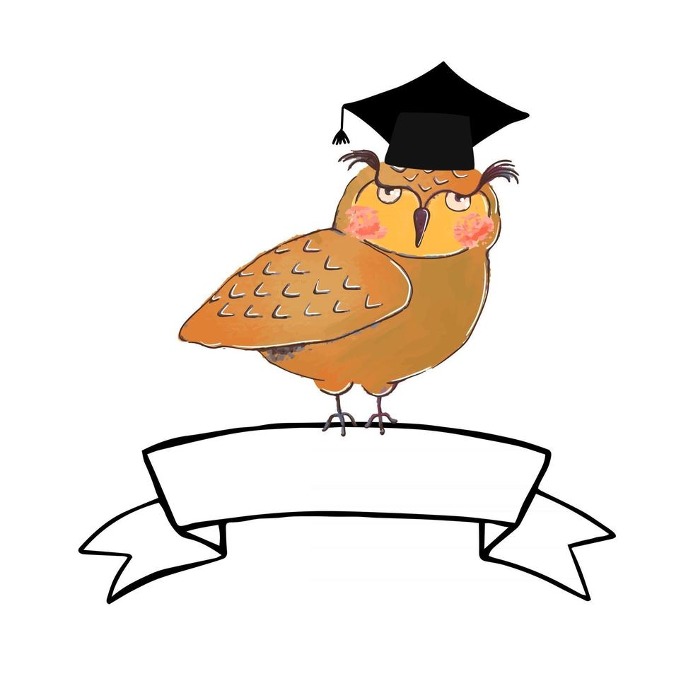 Colorful illustration of cute owl in graduate cap and ribbon banner vector