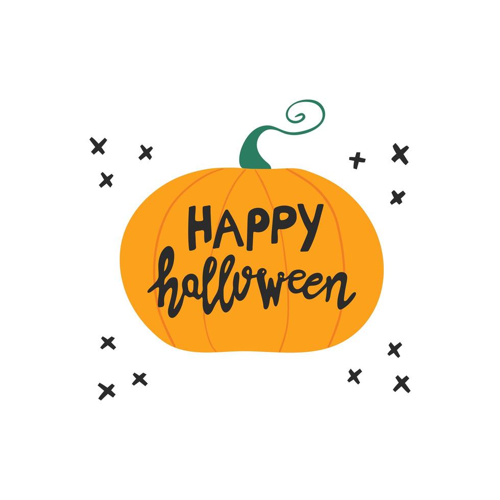 Happy Halloween lettering on orange pumpkin with doodle black crosses vector