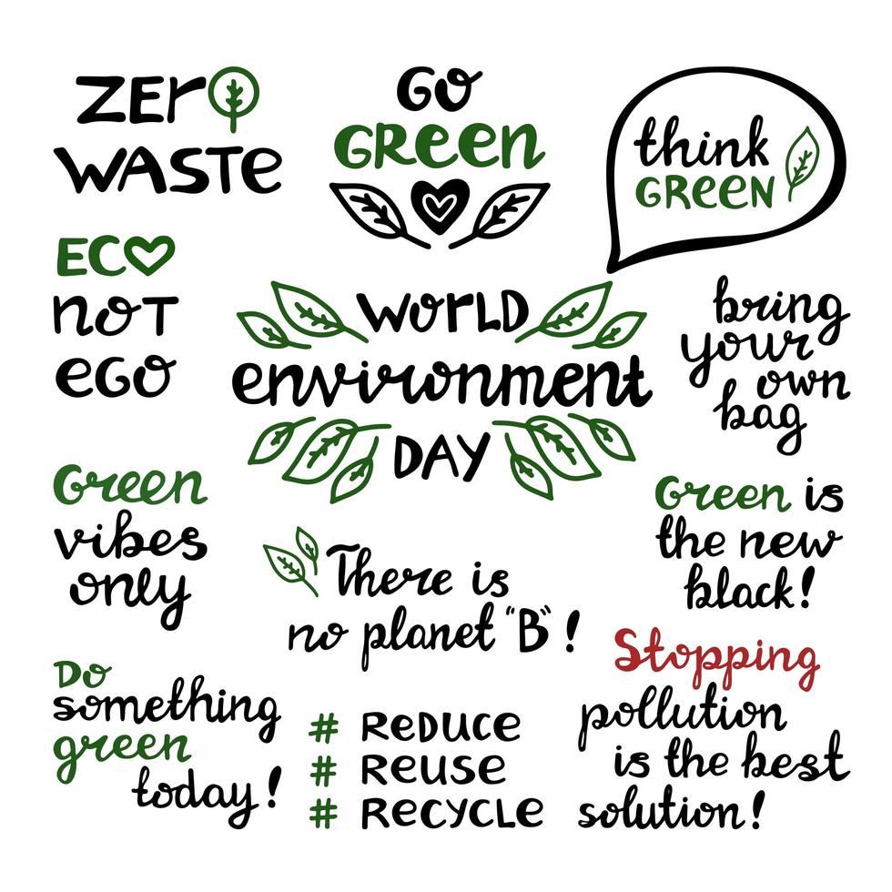 Handwritten ecological quotes World environmet day, zero waste vector