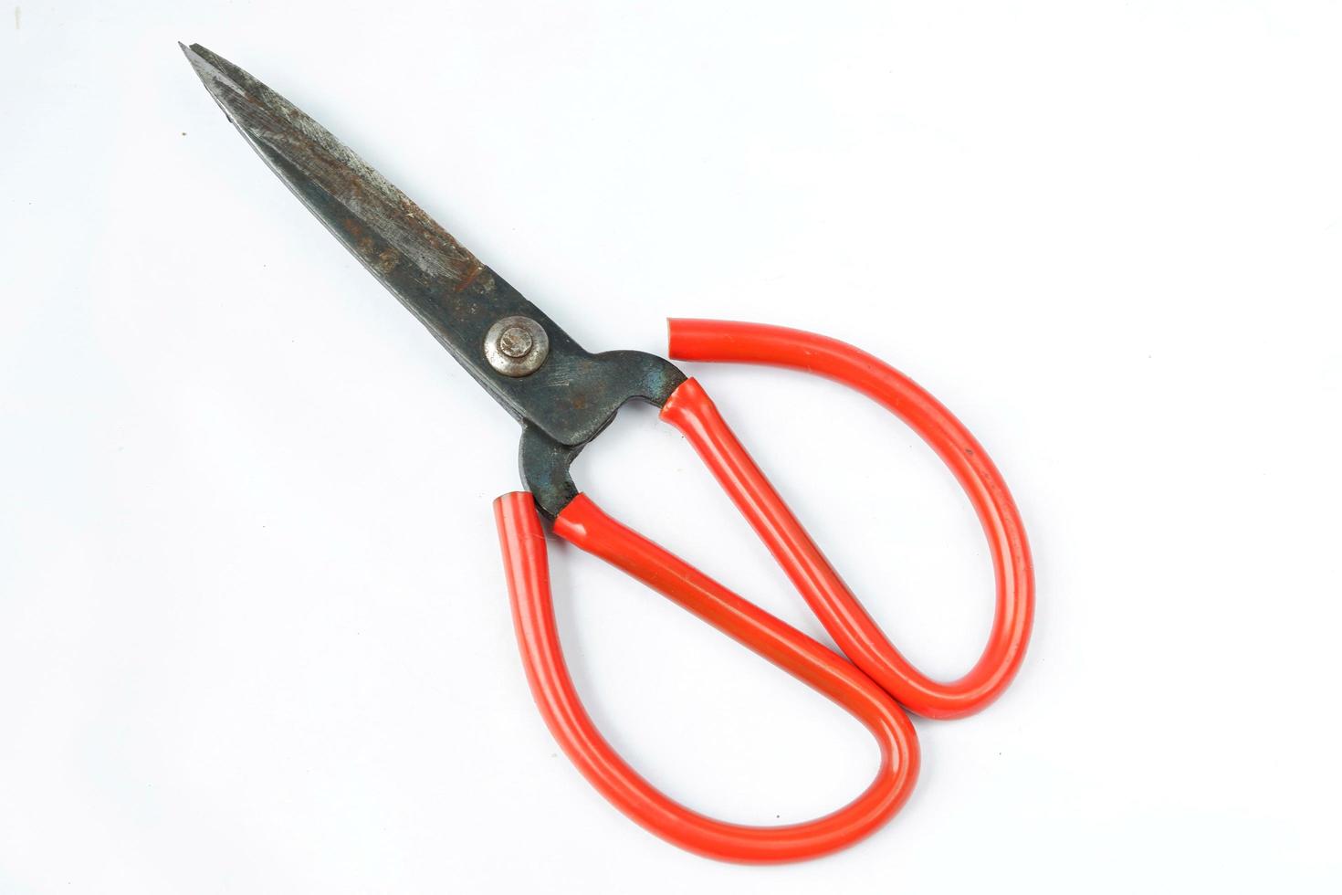 Closeup shot of scissors with red handles isolated on a white photo