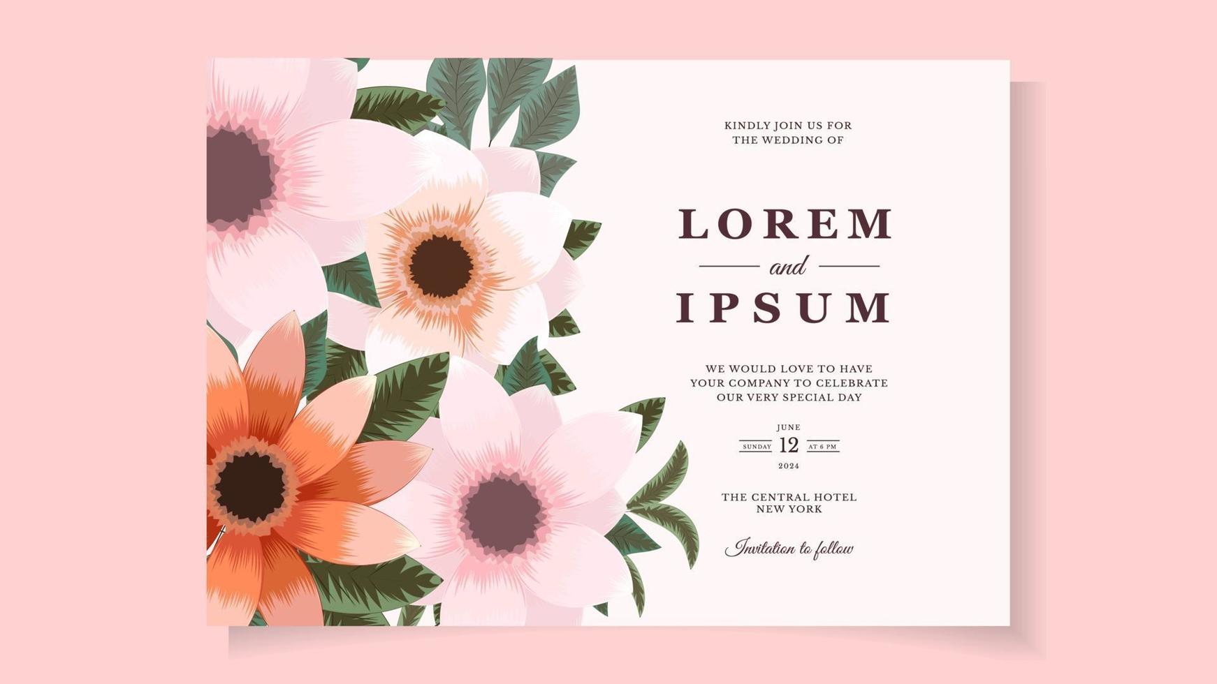 Plantilla de tarjeta de invitación de evento de matrimonio de boda de flor floral abstracta vector