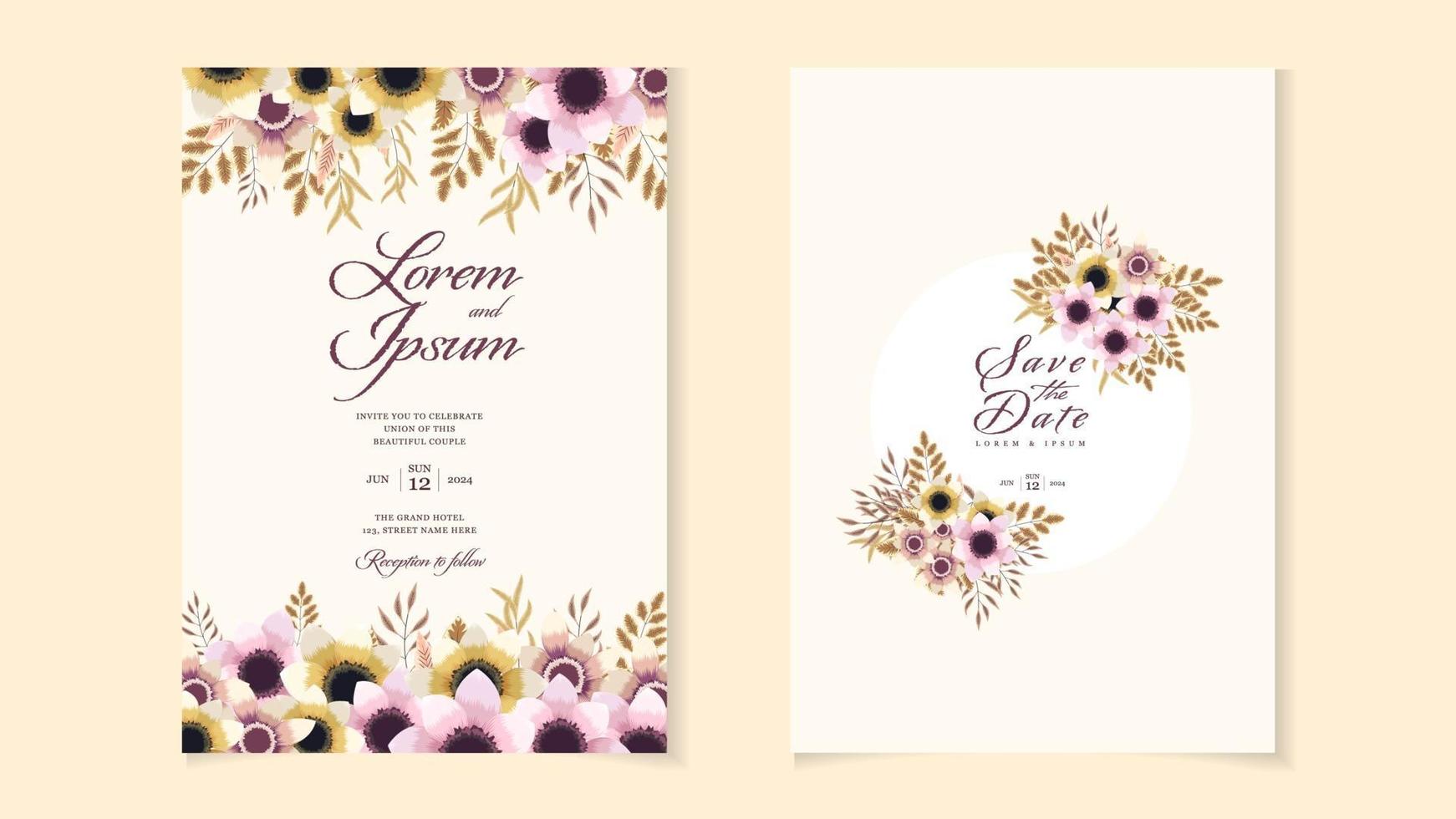 Plantilla de tarjeta de invitación de boda de corona floral con flores premium vector