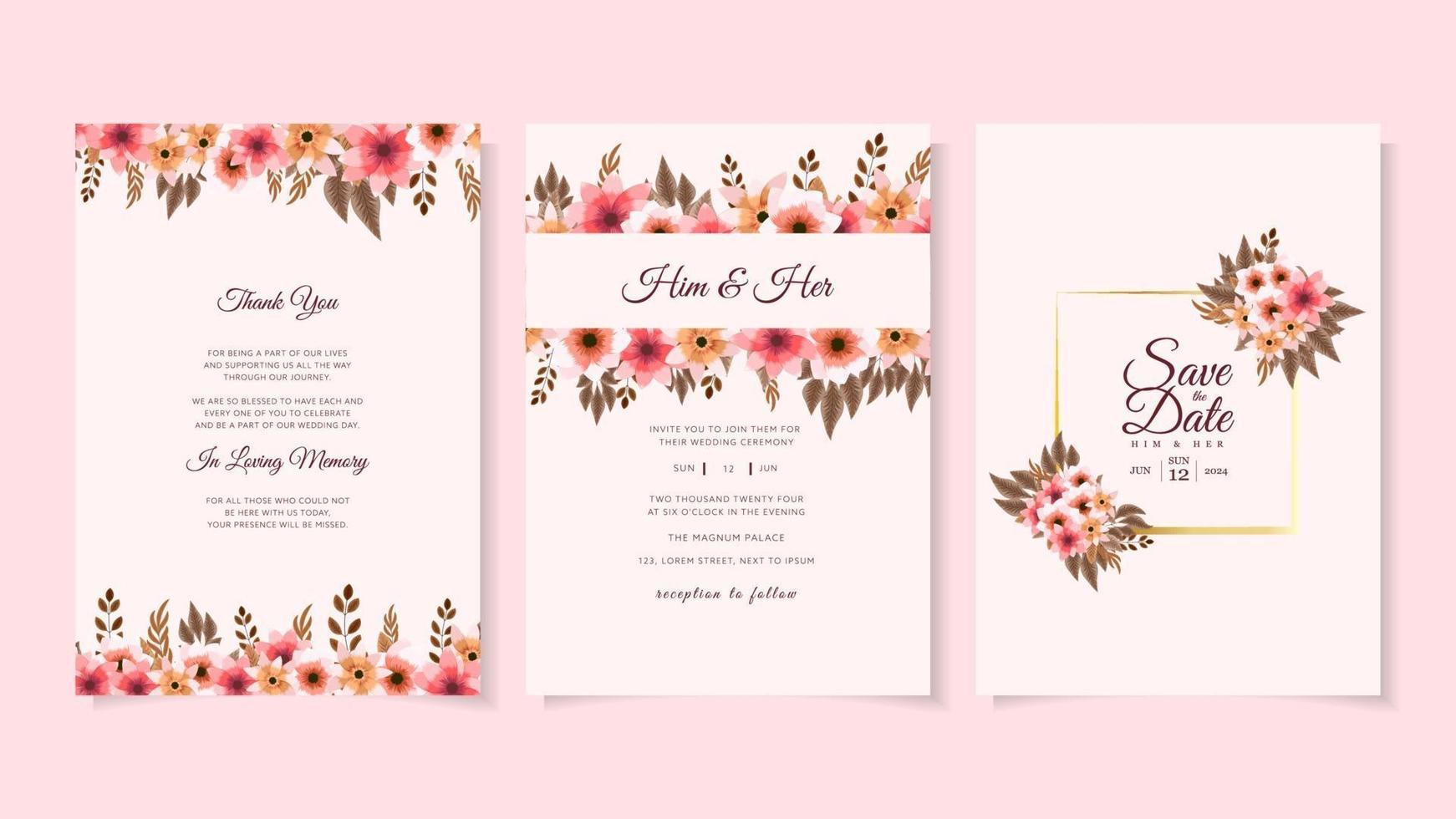 Floral Wedding card template flowers botanic invite Save the date RSVP vector