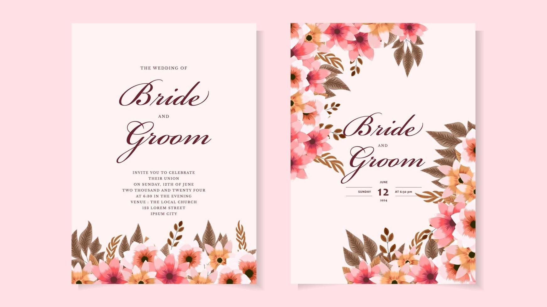 Plantilla de tarjeta de invitación de boda de corona floral con flores premium vector