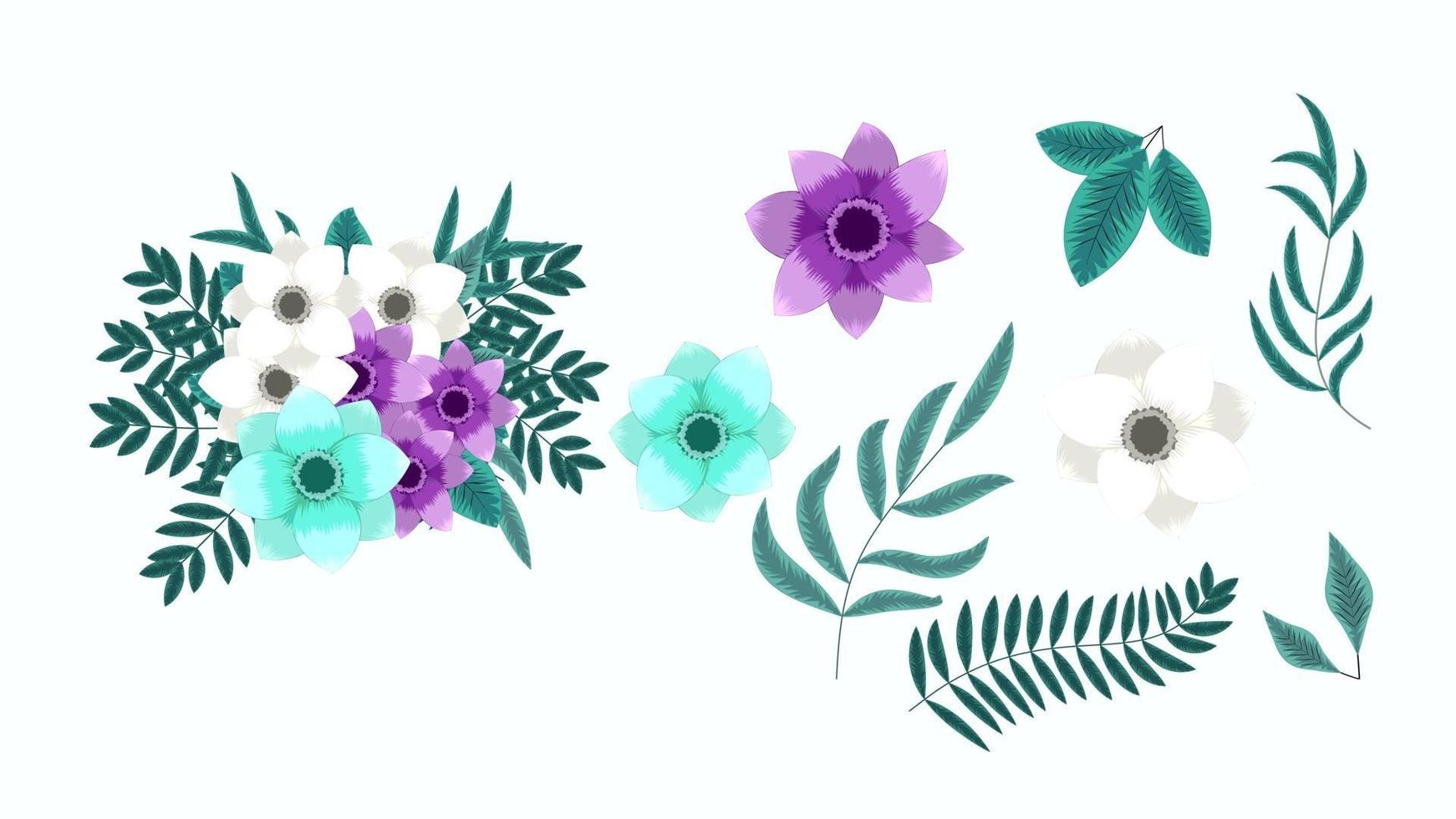 conjunto de elementos florales. arreglo de hojas de flores de colores en ramo vector