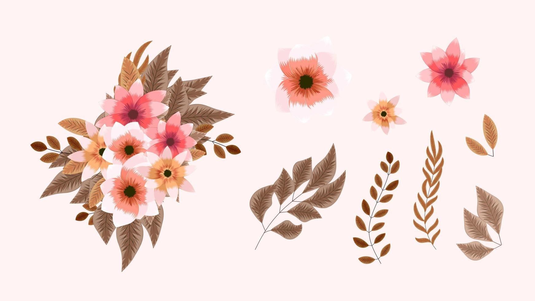 Botanical collection of wild floral elements with garden flowers bunch vector