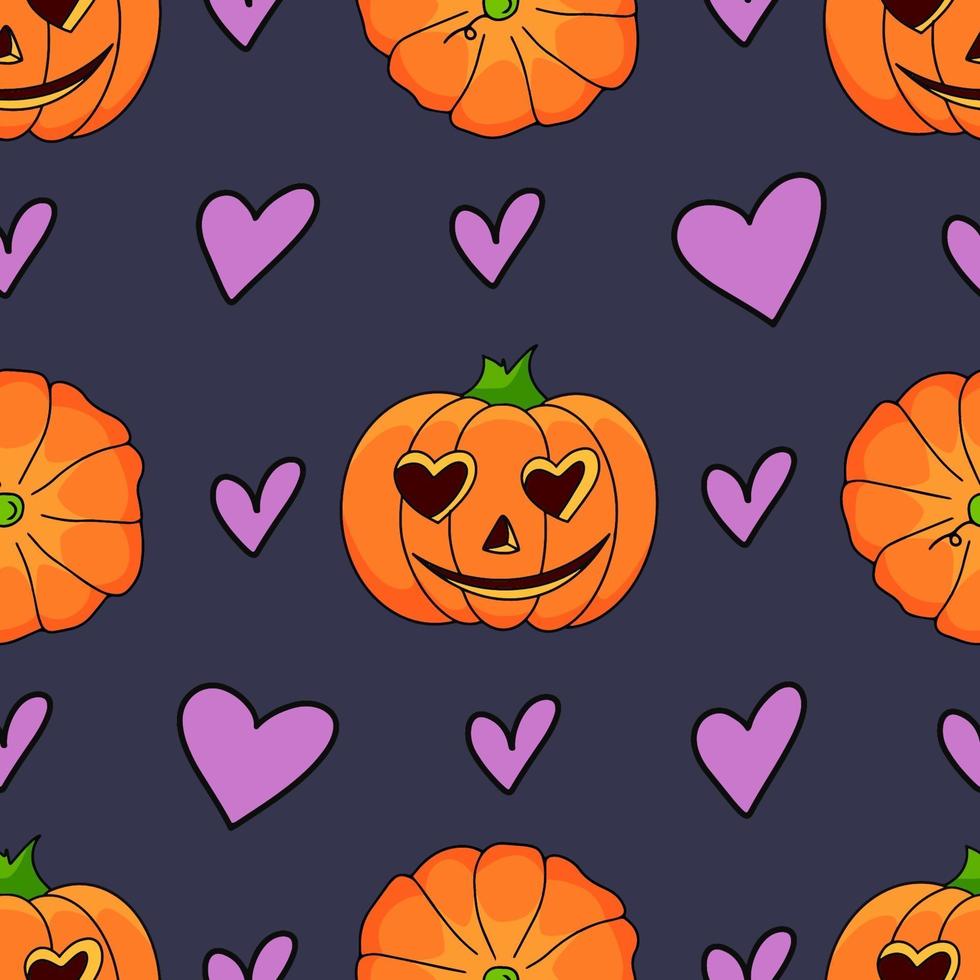 Cute halloween pumpkin seamless pattern with hearts vector