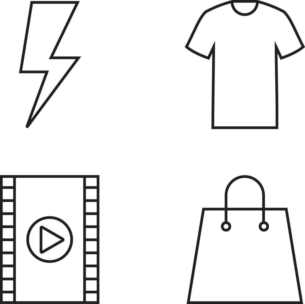 A Set of Video Player, Power, T Shirt and Shopping Bag Line Icons vector