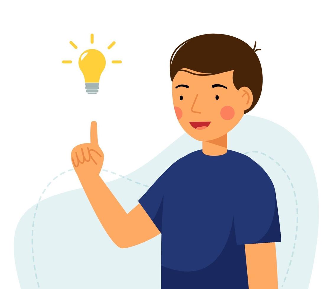 Cute boy holding lamp idea. Concept of generation ideas. vector